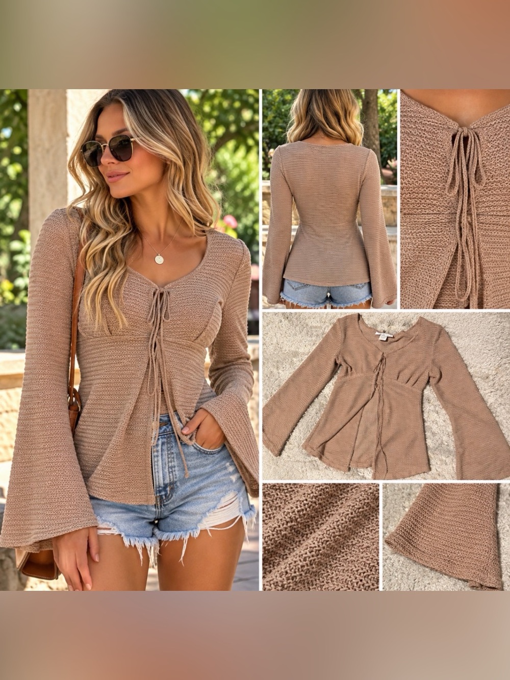 vintage Y2K Charlotte Russe crochet-knit tie-front top with a dusty rose/brownis